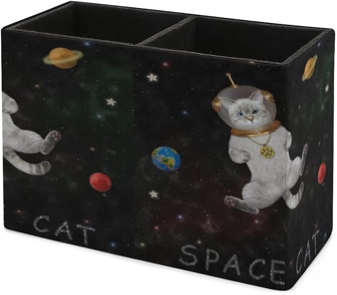 Niapessel Pencil Holder for Desk, Cat Astronaut Outer Space Pen Holder Storage Desktop Pen Organizer Desk Pencil Organizer Makeup Brush Holder for Office School College Leather