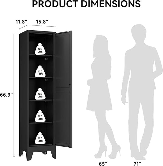 COFaR 67" Slim Bathroom Storage Cabinet, Black Metal Storage Cabinet with Magnetic Door & 4 Adjustable Shelves, Slim Freestanding Cupboard for Office, Kitchen, Bathroom