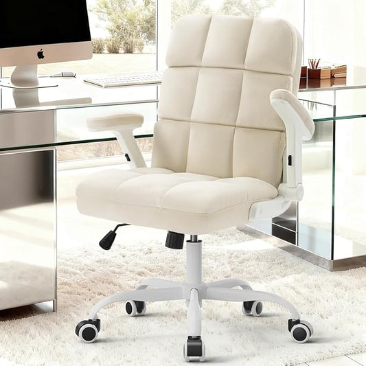 SEATZONE Home Office Chair–Beige Velvet Desk Chair with Wheels, Comfortable Computer Work Chair with Flip-up Arms and Adjustable Tilt