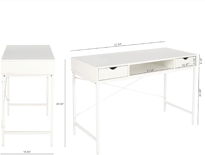 JJS 48' Writing Desk with Drawers, Contemporary Home Office Large Computer Laptop Workstation with Storage, White Drawer