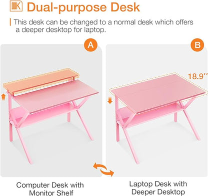 ODK Small Desk, 27.5 Inch Computer Desk for Small Spaces, Study Desk with Storage & Monitor Stand, Pink
