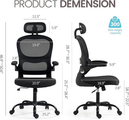 Yilaywain Ergonomic Office Chair, Home Office Desk Chair with Adjustable Headrest, High Back Computer Chair with Armrests and Lumbar Support for Home Office Study Room, Black & Gray (Black)