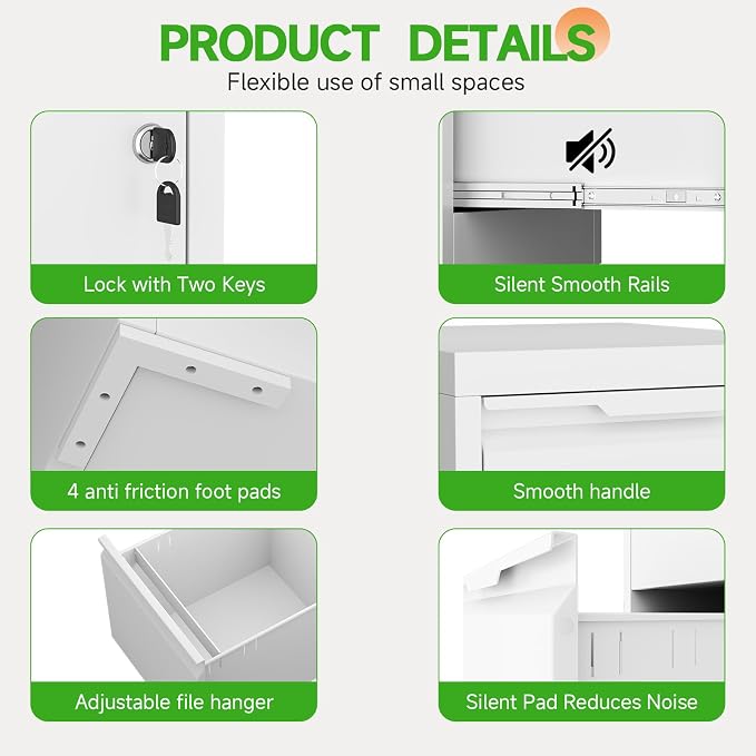 3 Drawer File Cabinet with Lock,Metal Vertical Filing Cabinets for Home Office,Heavy Duty File Storage Cabinet for Letter/Legal/A4/F4 Size File,Easy to Assemble,White