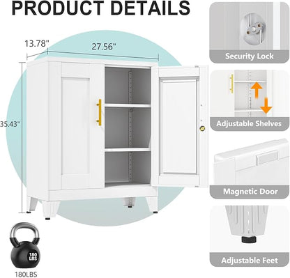 pozdeg 35.43" Metal Storage Cabinet with Lock, Metal File Cabinet with 2 Doors ＆ 2 Adjustable Shelves, Steel Locker Utility Tool Garage Cabinets for Home, Office, Warehouse (White)