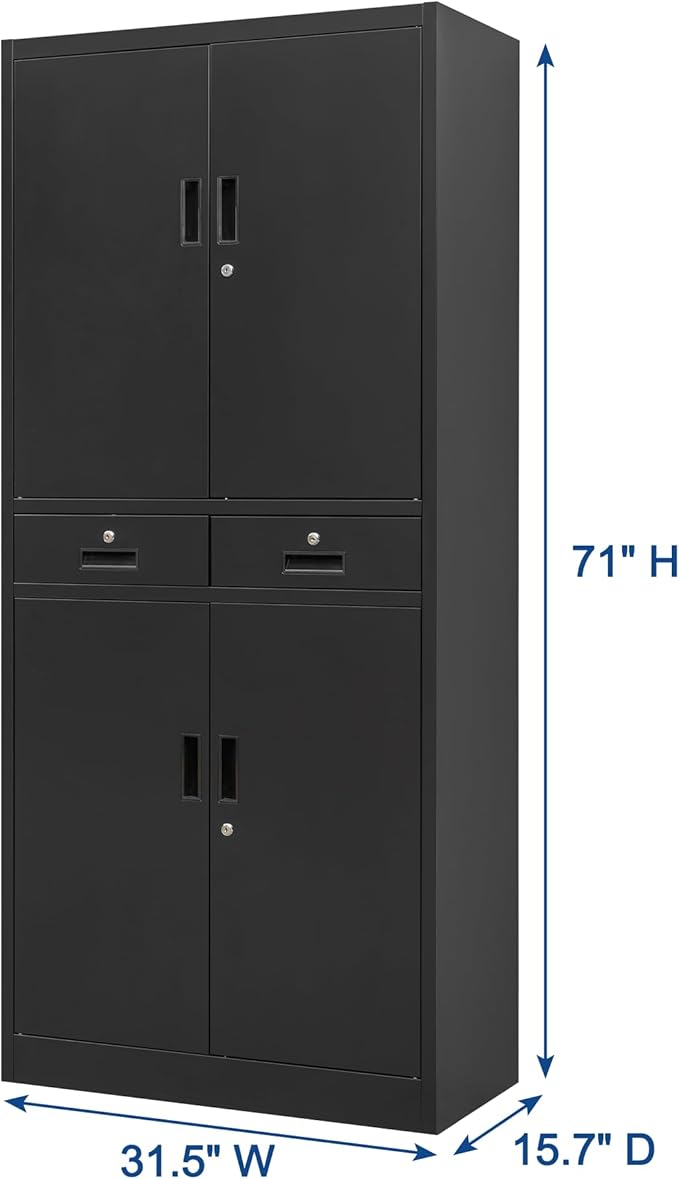 Wanfu Metal Storage Cabinet, 71" Locking Storage Cabinet with Adjustable Shelves and 2 Drawers, Steel Cabinets for Office, Garage, Home, School, Utility Room(Black)