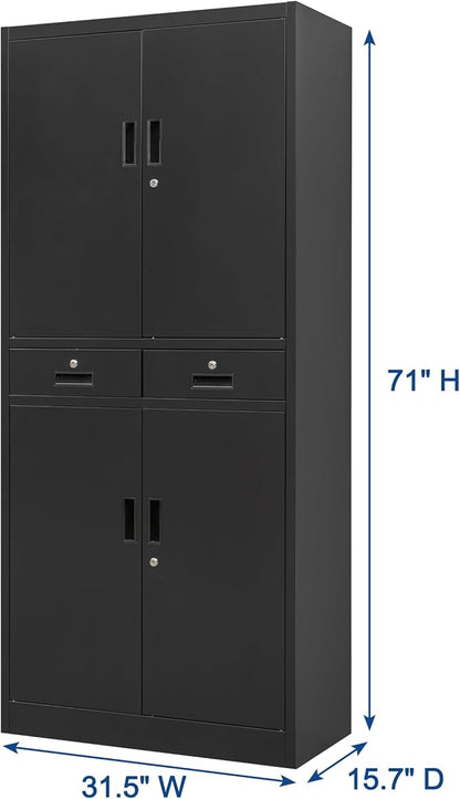 Wanfu Metal Storage Cabinet, 71" Locking Storage Cabinet with Adjustable Shelves and 2 Drawers, Steel Cabinets for Office, Garage, Home, School, Utility Room(Black)