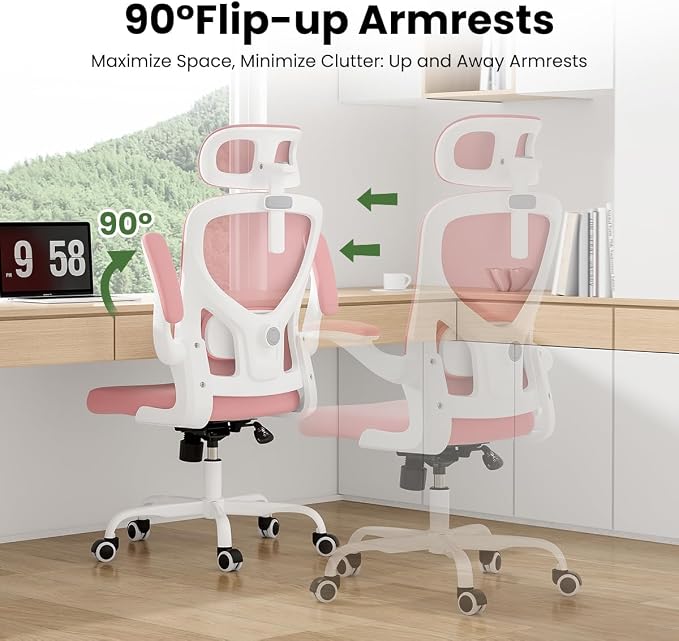 Soohow Office Chair, Ergonomic Office Mesh Desk Chair with Adjustable Back Support, High Back Comfy Computer Swivel Chair with Headrest, Lumbar Support for Study Room, Gaming and Office, White & Pink