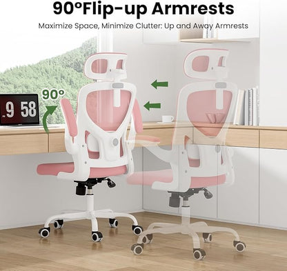 Soohow Office Chair, Ergonomic Office Mesh Desk Chair with Adjustable Back Support, High Back Comfy Computer Swivel Chair with Headrest, Lumbar Support for Study Room, Gaming and Office, White & Pink