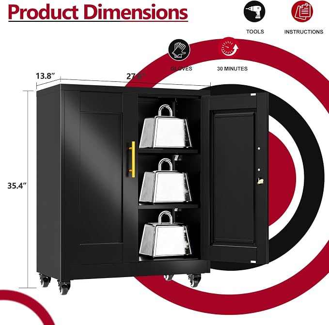 Black Metal Storage Cabinet, 36" Steel Locker Cabinets for Home Office, Locking Storage with Doors and 2 Adjustable Shelves, Utility Cabinet, for Office, Home, Garage, School