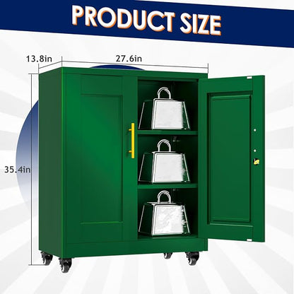 erosoei 35" H Metal Garage Storage Cabinet, Rolling Tool Cabinet with 2 Doors and Wheels, Locker Steel Cabinet with 2 Adjustable Shelves, Organization Cabinet for Garage,Office,Home,Gym,School（Green）
