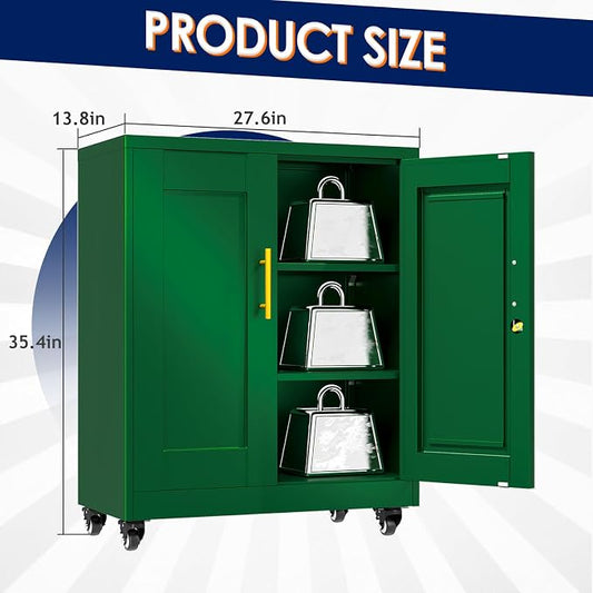erosoei 35" H Metal Garage Storage Cabinet, Rolling Tool Cabinet with 2 Doors and Wheels, Locker Steel Cabinet with 2 Adjustable Shelves, Organization Cabinet for Garage,Office,Home,Gym,School（Green）