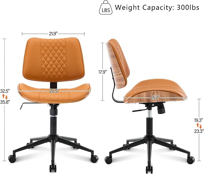 BV Mid Century Office Chair, Armless Small Desk Chair with Bentwood Back and Wheels, Swivel Task Chair for Compact Spaces, Faux Leather Upholstery, No Arms Mid Back Design, Brown