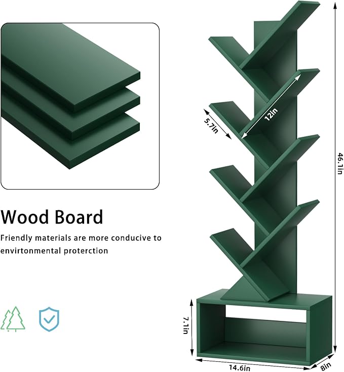 SHEEPAM 9 Tier Tree Bookshelf,Christmas Green Bookcase for Narrow Space, Storage Organizer Floor Standing Bookshelves for Books, Tall Book Case for Home Office, Living Room, Bedroom