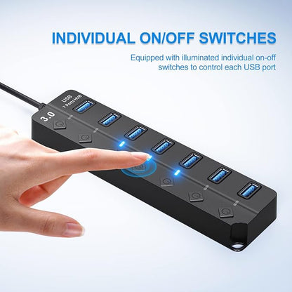 ONFINIO USB Hub 3.0, 7-Port USB A Splitter with Individual On/Off Switches and Lights, 3.2ft/1m Long Cable, Extender for A Port Laptop, PC, Desktop