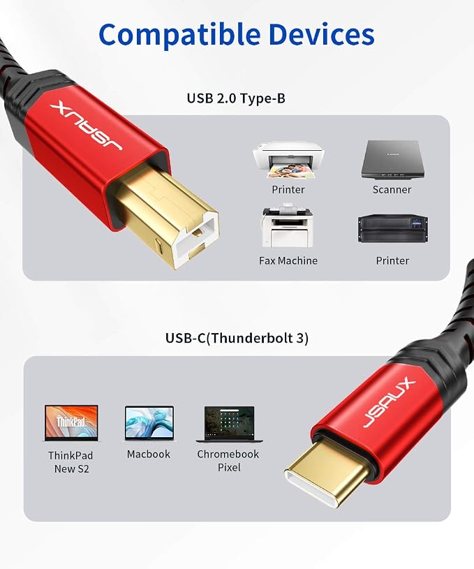 JSAUX USB B to USB C Cable 10ft, USB C Printer Cable Compatible with MacBook Pro, HP, Epson, Canon, Brother, Lexmark, Xerox Printers and Scanner-Red
