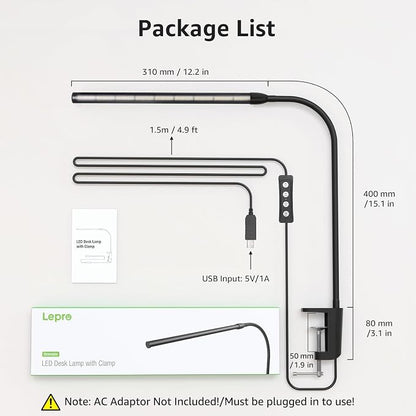 Lepro Clip on Desk Lamp LED Reading light Dimmable USB Small Clamp Lamp with 3 Color Modes 10 Brightness, Adjustable Flexible Gooseneck Table Light for Bed Headboard, Nail, Home Office,Computer(Black)