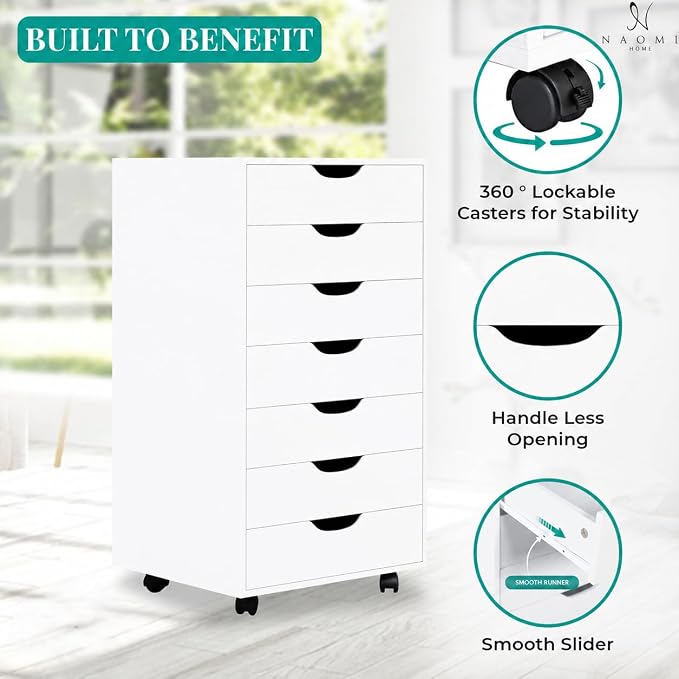 Naomi Home Debbie Office File Cabinet with 7 Drawers, Rolling Storage Organizer for Home Office & Workspace
