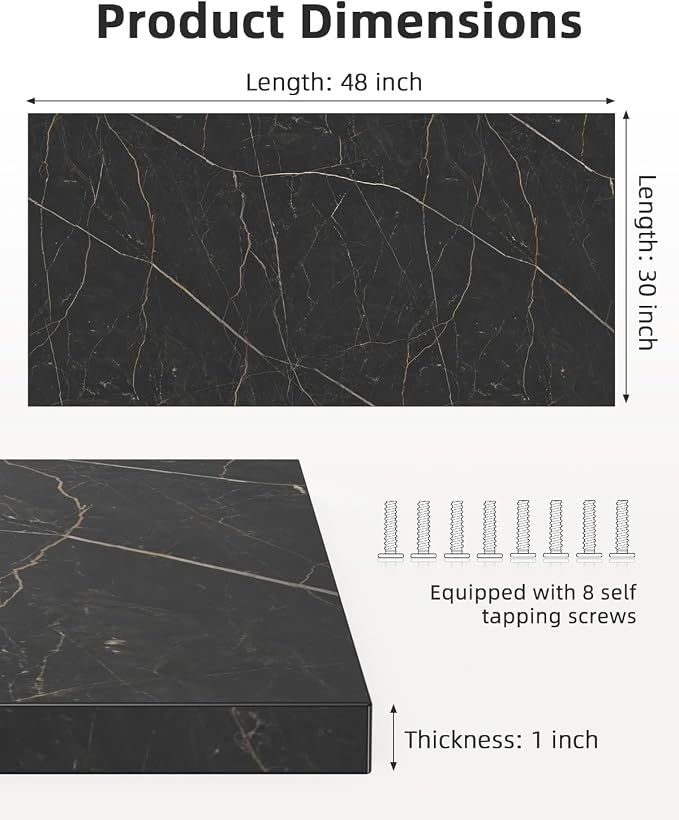 Universal 48 x 30 One-Piece Solid Wood Table Top, 1" Thick Desktop for Stand Up Height Adjustable Desk Frames, Home Office Tabletop, Countertop DIY, Black Marble