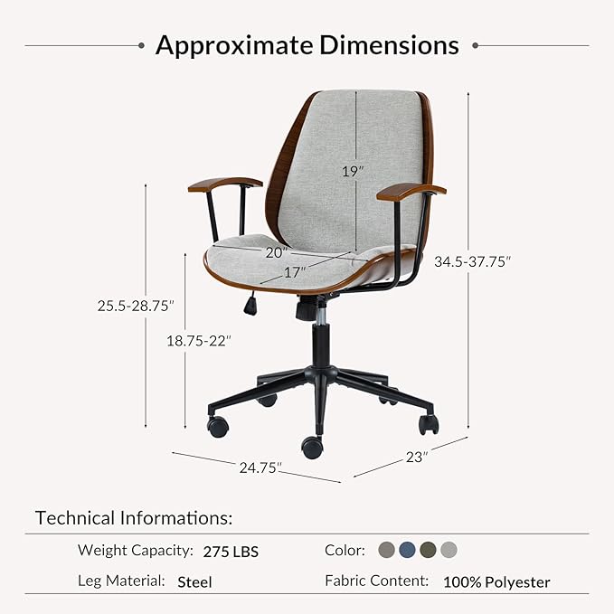 Modern Ergonomic Office Chair with Wood Frame & Metal Base, Swivel Home Office Desk Chairs with Adjustable Height, Comfy Upholstered Computer Chair, Grey
