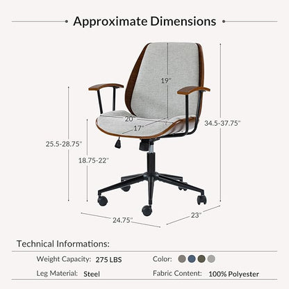 Modern Ergonomic Office Chair with Wood Frame & Metal Base, Swivel Home Office Desk Chairs with Adjustable Height, Comfy Upholstered Computer Chair, Grey