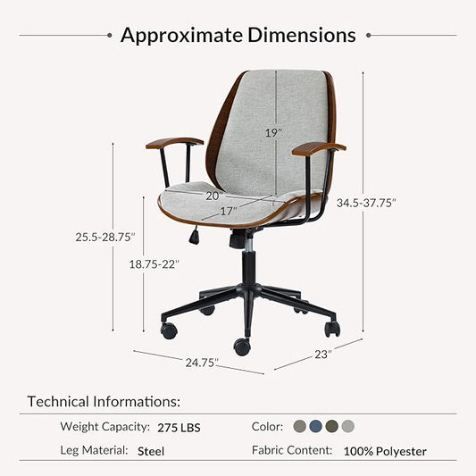 Modern Ergonomic Office Chair with Wood Frame & Metal Base, Swivel Home Office Desk Chairs with Adjustable Height, Comfy Upholstered Computer Chair, Grey
