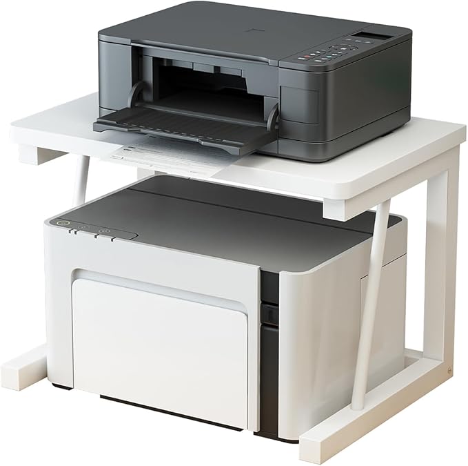 Desktop Printer Stand, 2-Tier Wood Rustic Printer Shelf for 3D & Laser Printer, Scanner, Copier, Durable Small Space Storage Organizer for Home Office Kitchen (White)
