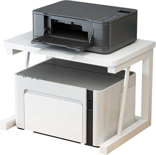 Desktop Printer Stand, 2-Tier Wood Rustic Printer Shelf for 3D & Laser Printer, Scanner, Copier, Durable Small Space Storage Organizer for Home Office Kitchen (White)