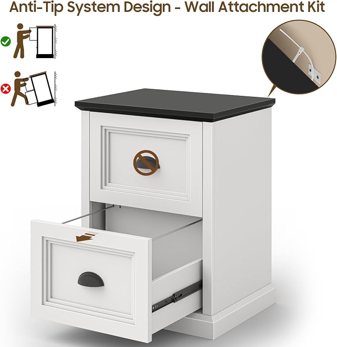 Halitaa Vertical File Cabinet, Filing Cabinet with 2 File Drawers, Farmhouse Small File Cabinet Fits Letter/A4 Size, Wooden Printer Stand, Under Desk Cabinets for Home Office, White and Black