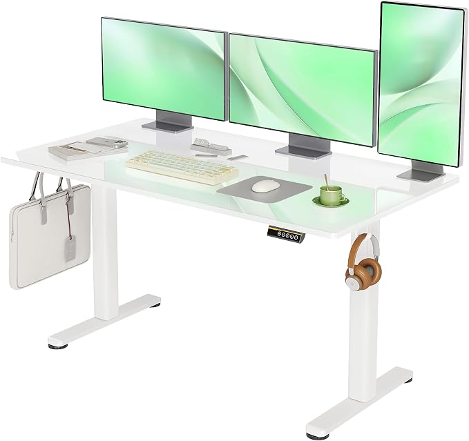 Claiks White Glass Standing Desk, 55x24 Inch Adjustable Height Electric Stand Up Desk, Quick Install Home Office Computer Desk, Super White