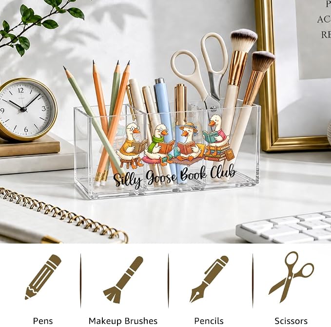 Funny Silly Goose Acrylic Pen Holder, Reading 3 Compartment Desk Organizer, Book Lover Gifts for Teachers, Women, Librarians, Office Supplie Organizer for Coworker, Book Day Gifts for Booklish