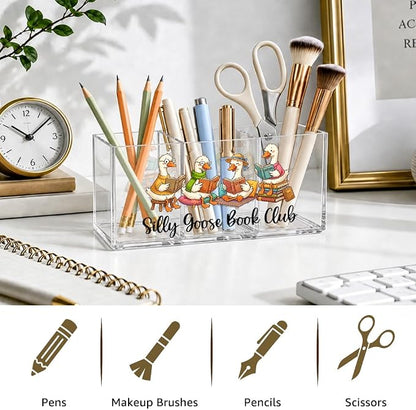 Funny Silly Goose Acrylic Pen Holder, Reading 3 Compartment Desk Organizer, Book Lover Gifts for Teachers, Women, Librarians, Office Supplie Organizer for Coworker, Book Day Gifts for Booklish