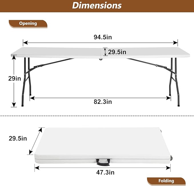 FDW 8FT Folding Table Half Portable Foldable Table Picnic Table for Office Home Camping Party (White, 8 FT)