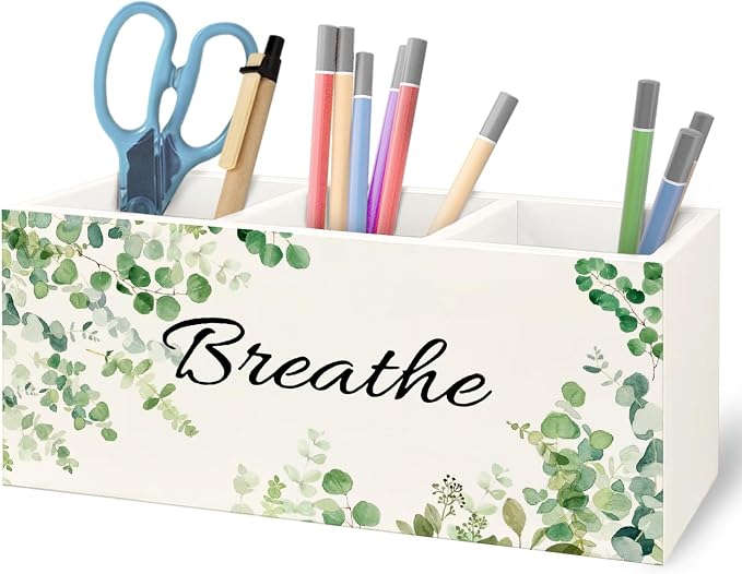 Sage Green Eucalyptus Breathe Makeup Brush Toothbrush Holder Organizer for Bathroom, Green Botanical Wooden Pen Pencil Holder for Office Desk Accessories