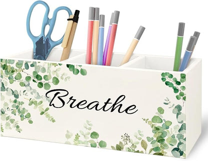 Sage Green Eucalyptus Breathe Makeup Brush Toothbrush Holder Organizer for Bathroom, Green Botanical Wooden Pen Pencil Holder for Office Desk Accessories