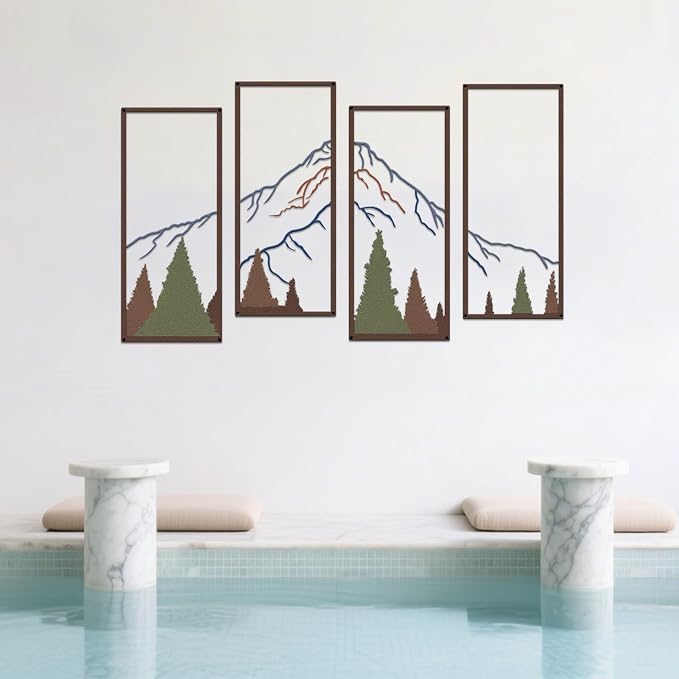 ruelen 4 Pcs Metal Mountain and Forest Wall Decor Colorful Landscape Mountain Wall Art Pine Tree Forest Wall Decoration Rustic Nature Wall Decor for Living Room Home Office Bathroom Indoor (Middle)