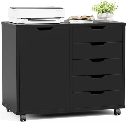 5-Drawer Mobile File Cabinet, Office Organizer with Door Black | Office Storage with Door and Adjustable Shelf Lockable Casters, Wood Printer Stand for Home Office, Living Room, Entryway