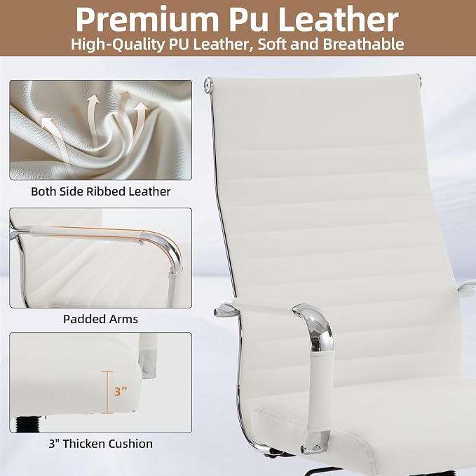 Office Chair, Ergonomic Executive Conference Room Chairs, Ribbed Leather Desk Chair with Lumbar Support, Adjustable Height Mid-Back Swivel Chair (Triple Bend Handrail Armrests, White)