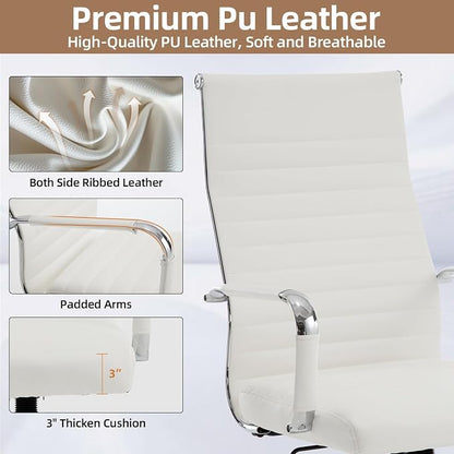 Office Chair, Ergonomic Executive Conference Room Chairs, Ribbed Leather Desk Chair with Lumbar Support, Adjustable Height Mid-Back Swivel Chair (Triple Bend Handrail Armrests, White)