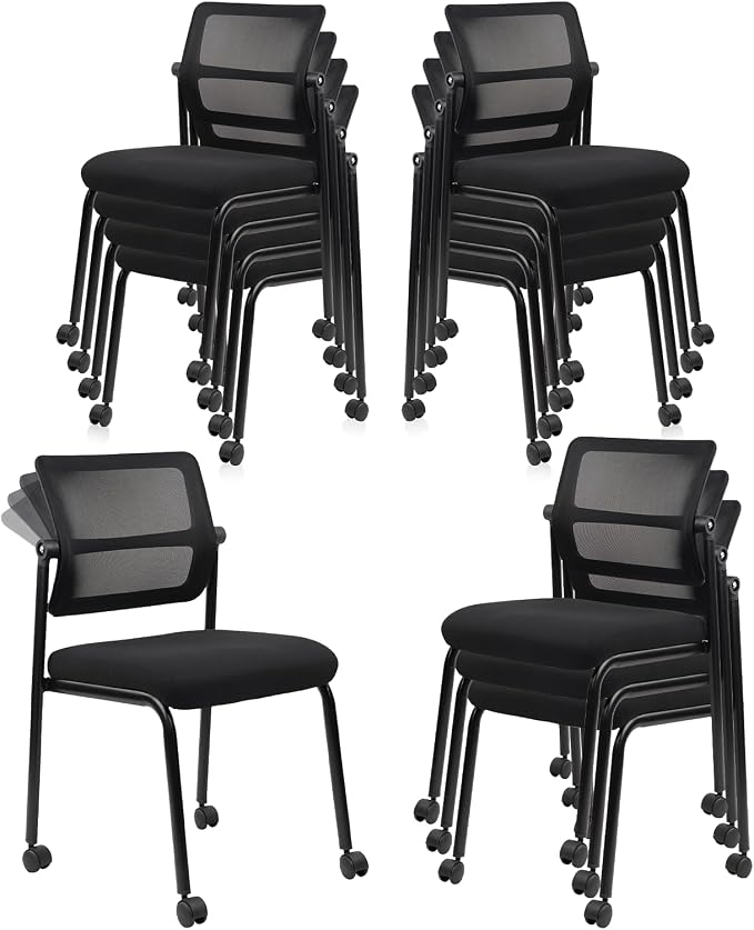 CLATINA 12PK Mesh Stacking Office Desk Chairs with Wheels, Portable Stackable Bulk Waiting Room Armless Chair with Adjustable Back & Fabric Seat for Guest Lobby Side School Church Conference Break
