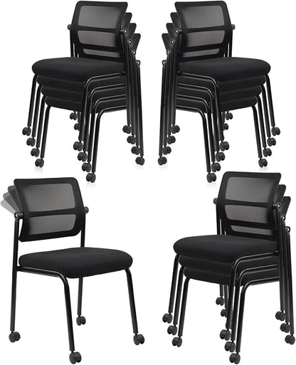 CLATINA 12PK Mesh Stacking Office Desk Chairs with Wheels, Portable Stackable Bulk Waiting Room Armless Chair with Adjustable Back & Fabric Seat for Guest Lobby Side School Church Conference Break