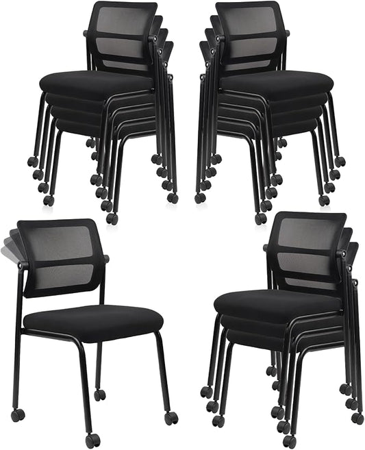 CLATINA 12PK Mesh Stacking Office Desk Chairs with Wheels, Portable Stackable Bulk Waiting Room Armless Chair with Adjustable Back & Fabric Seat for Guest Lobby Side School Church Conference Break