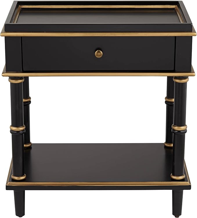 Cason Modern Glam Luxe Wood Rectangular Accent Side End Table 15" x 24" with Drawer and Shelf Black Gold Trim Handle for Living Room Bedroom Bedside Entryway Home House Office