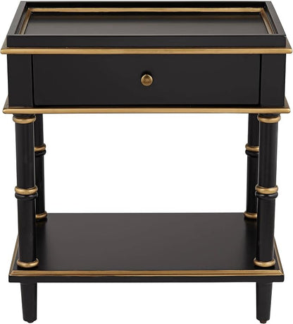 Cason Modern Glam Luxe Wood Rectangular Accent Side End Table 15" x 24" with Drawer and Shelf Black Gold Trim Handle for Living Room Bedroom Bedside Entryway Home House Office