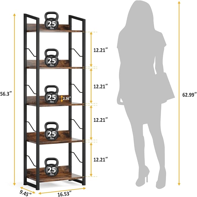 Hosfais 5 Tier Tall Bookshelf: Industrial Wood Book Shelf with Edge Protection Metal Narrow Bookshelf Bookcase Storage Organizer Display Rack for Living Room Home Office (Rustic Brown)