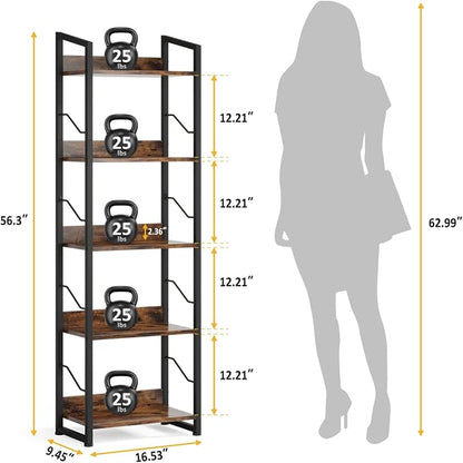 Hosfais 5 Tier Tall Bookshelf: Industrial Wood Book Shelf with Edge Protection Metal Narrow Bookshelf Bookcase Storage Organizer Display Rack for Living Room Home Office (Rustic Brown)