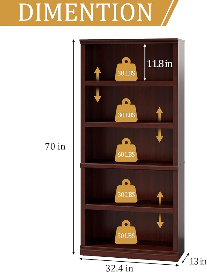 blini Bookshelf and Bookcase Set of 2, Wooden Double Wide Large Book Case, 5-Shelf Tall Bookshelf for Living Room, Home Office, Library (Mahogany, 5-Shelf)
