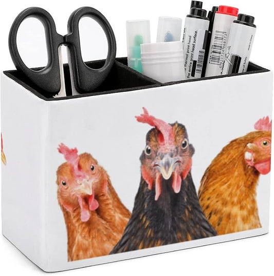 Niapessel Pencil Holder for Desk, Funny Three Chickens Pen Holder Storage Desktop Pen Organizer Desk Pencil Organizer Makeup Brush Holder for Office School College Leather