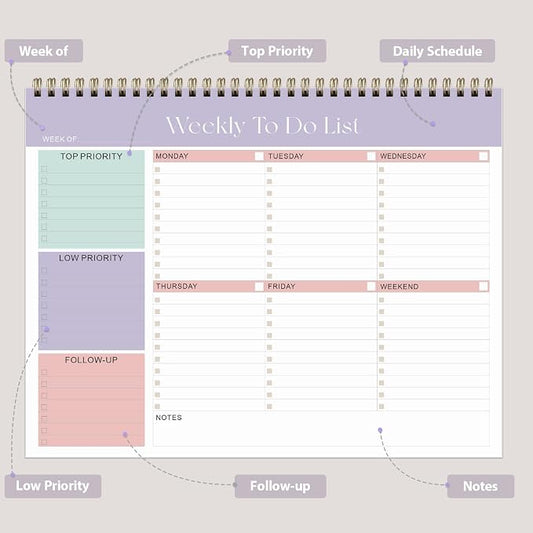 Weekly To Do List Notepad, Undated Planner with 52 Sheets (8.5''x11''), Desk Weekly Planner for Women & Man, Home School & Work