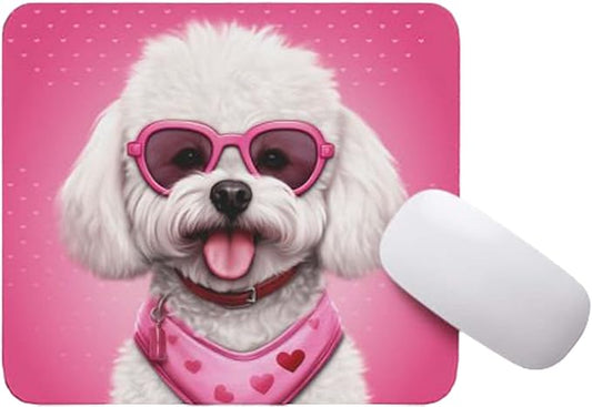 Pink Mousepad Glamour Dog Bichon Frise Mouse Pad for Home Office Gaming Working Desk Computer Desktop Accessories Non-Slip Rubber Mousepad for Dog Lovers