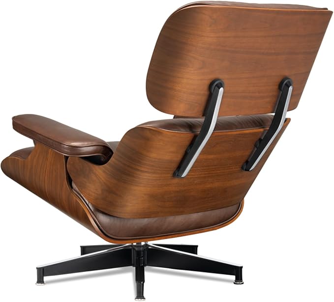 Mid Century Chaise Lounge Chair with Ottoman, Luxury Oil-Waxed Leather Reading Chair, Modern Chair Classic Design, Heavy Duty Base Support for Living Room Study Lounge Office Walnut Dark Brown